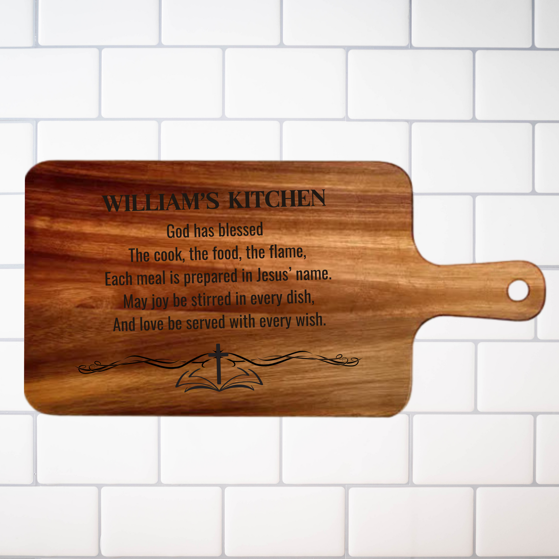 Handcrafted Wood Wall Art Custom Prayer Board Family Name Design Natural Acacia Material Traditional Kitchen Display Beautiful Rustic Style Construction Premium Quality Craftsmanship Personalized Home Blessing Farmhouse Collection Family