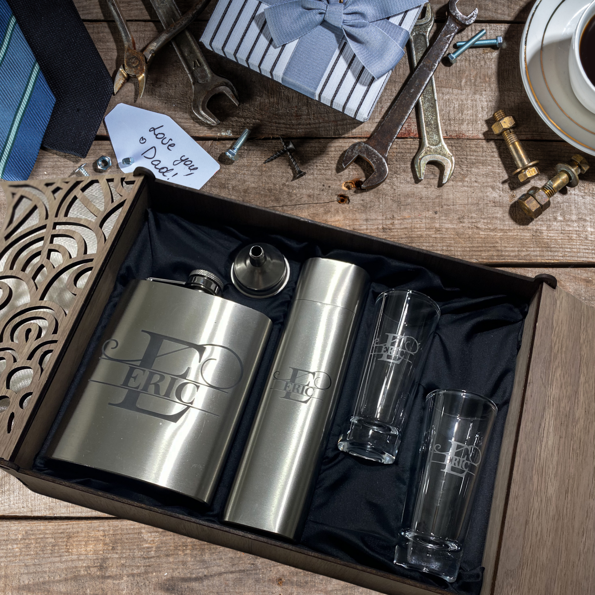 Personalized Flask and Cigar Gift Set with Custom Monogram Brushed Stainless Steel Flask Cigar Holder Shot Glasses Funnel in Walnut Display Box with Black Satin Lining Groomsmen Gift Father's Day Present