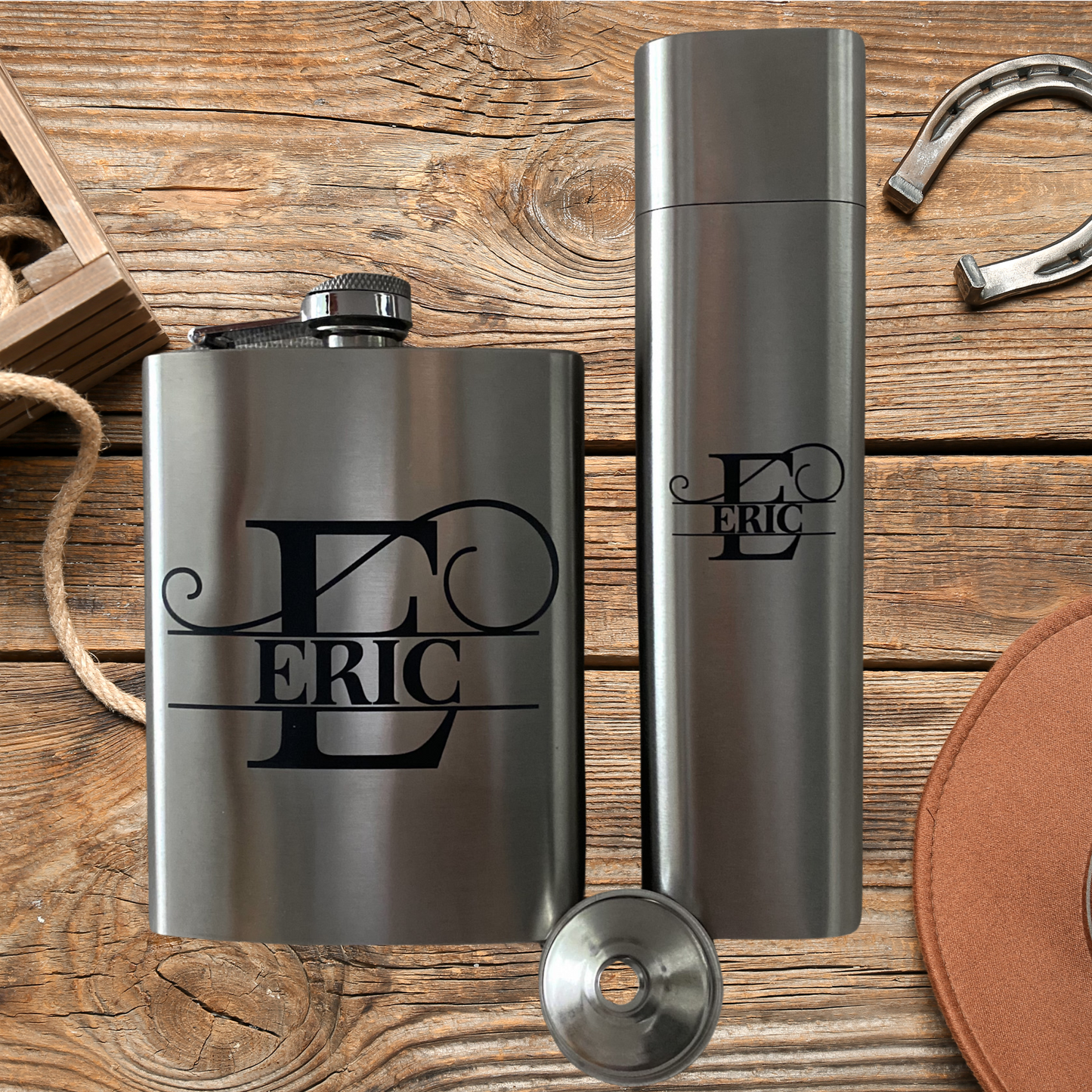Personalized Flask Gift for Dad, Groomsman Gift Collection, Bachelor Party Favor Set, Cigar Case Engraved Design Whiskey Accessory Mens Gift