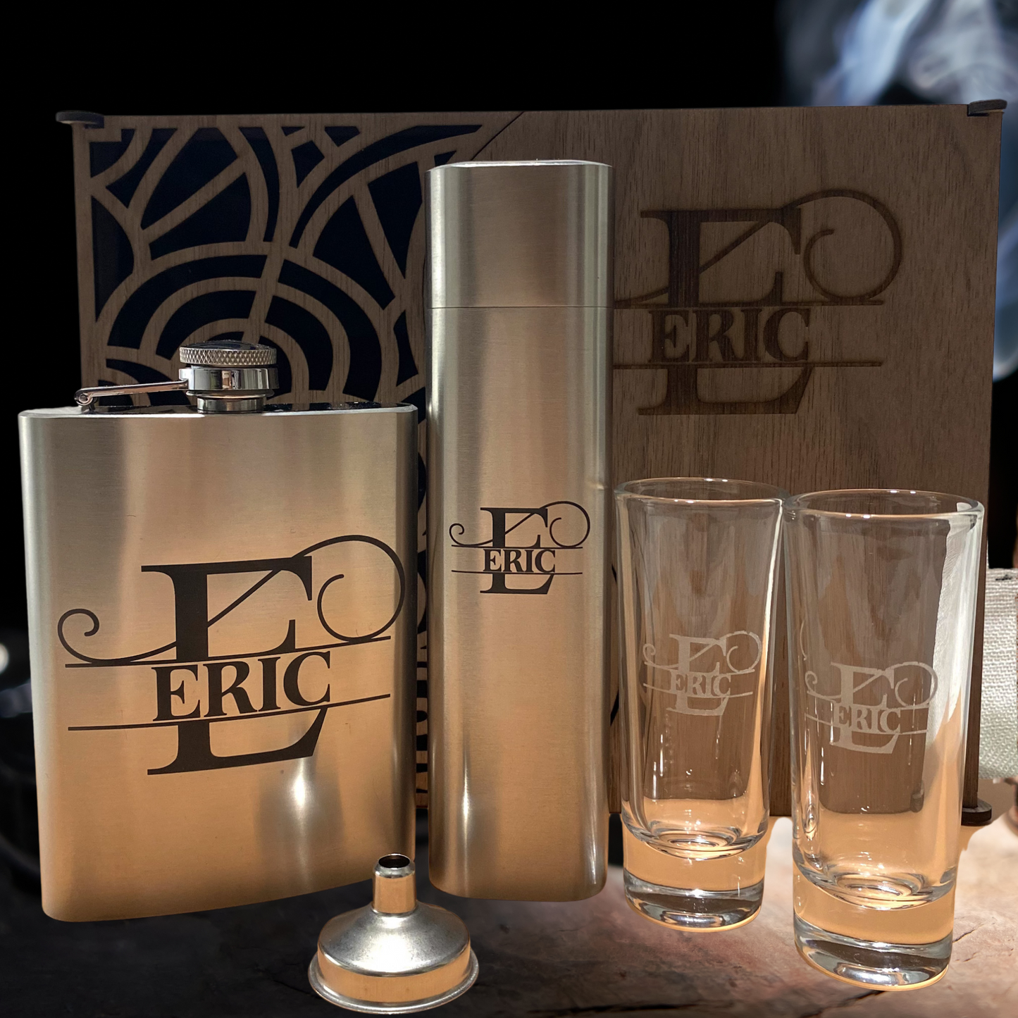Personalized Flask Shot Glass and Cigar Set Gift Box Collection Luxury Drinking Bar Accessory Set