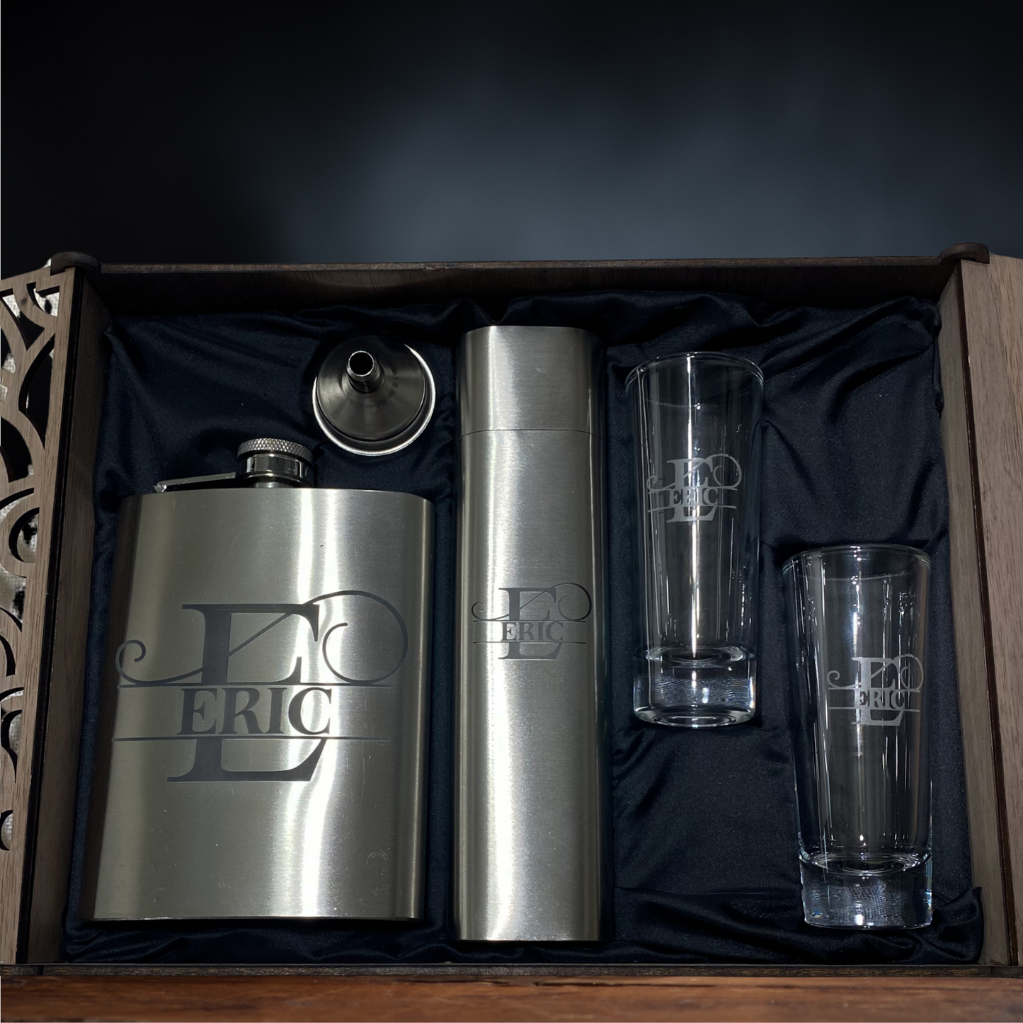 Personalized Flask Shot Glass and Cigar Set Gift Box Collection Luxury Drinking Bar Accessory Set